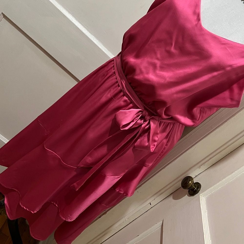 Tahari Satin Bright Pink Wrap Ruffle Tiered Cocktail Dress Womens Large